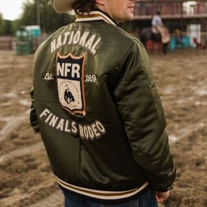 National Finals Rodeo Olive Satin Bomber Jacket - NFR Patch